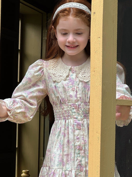 Girls Lace Collar Smocked Dress, Ivory Floral