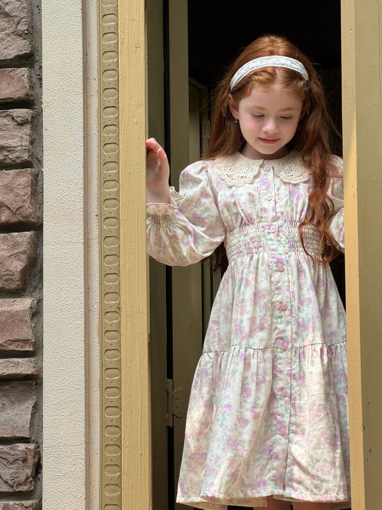 Girls Lace Collar Smocked Dress, Cream & Pastel Floral