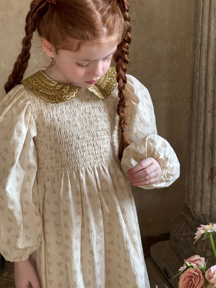 Girls Velvet Collar Smocked Dress, Cream & Olive