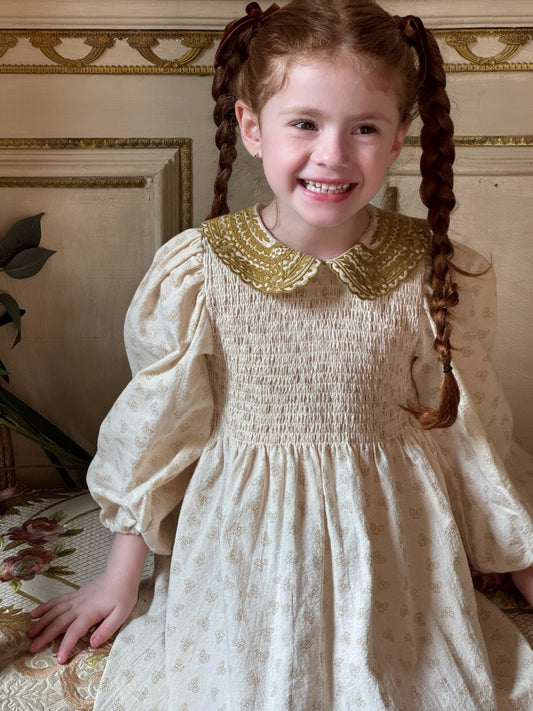 Girls Velvet Collar Smocked Dress, Cream & Olive