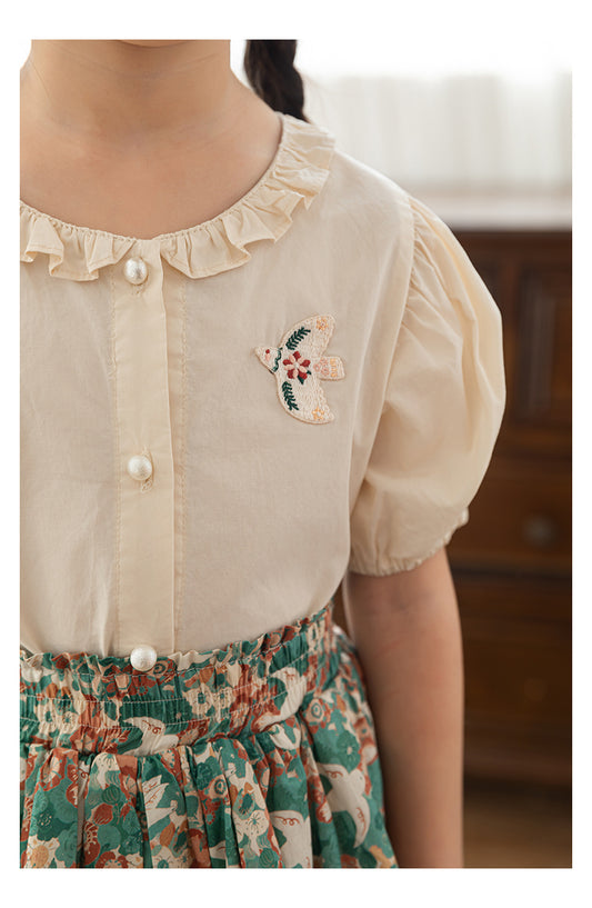 Girls Embroidered Ruffled Button-Down Blouse, Pearl