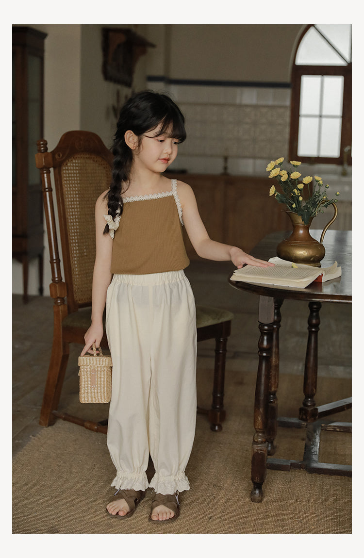 Girls Lace Trim Ribbed Strap Top, Khaki