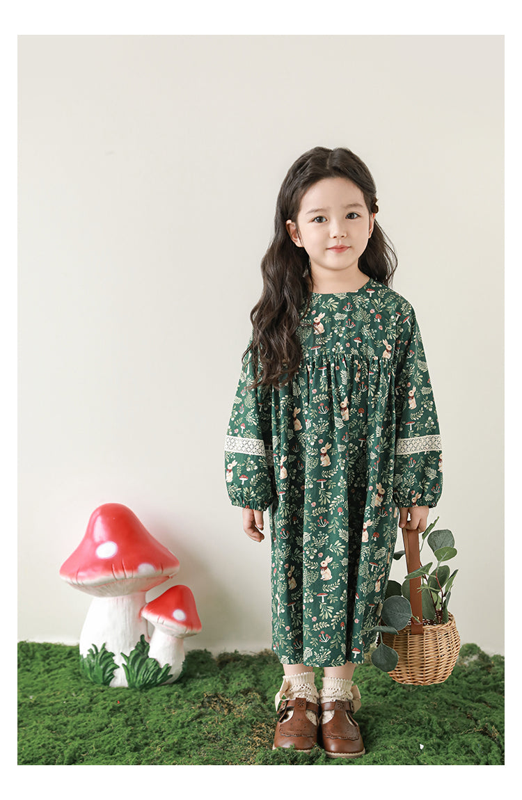 Girls Floral Lace Detail Dress, Forest Green