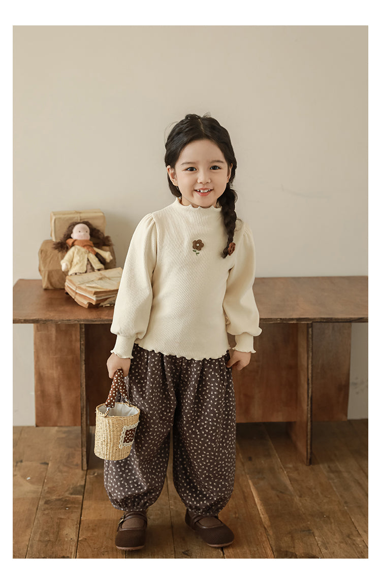 Girls Floral Embroidered Frill Trimmed Top, Oat