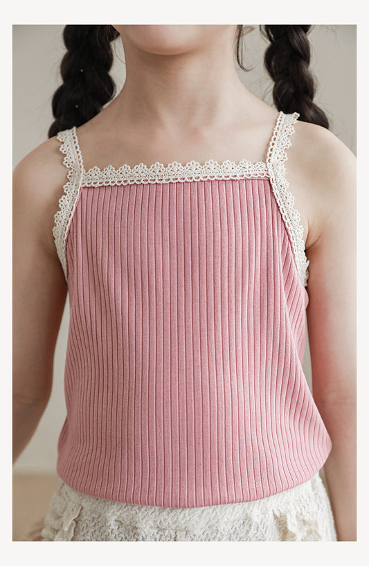 Girls ribbed lace strap top in pink with delicate lace detailing