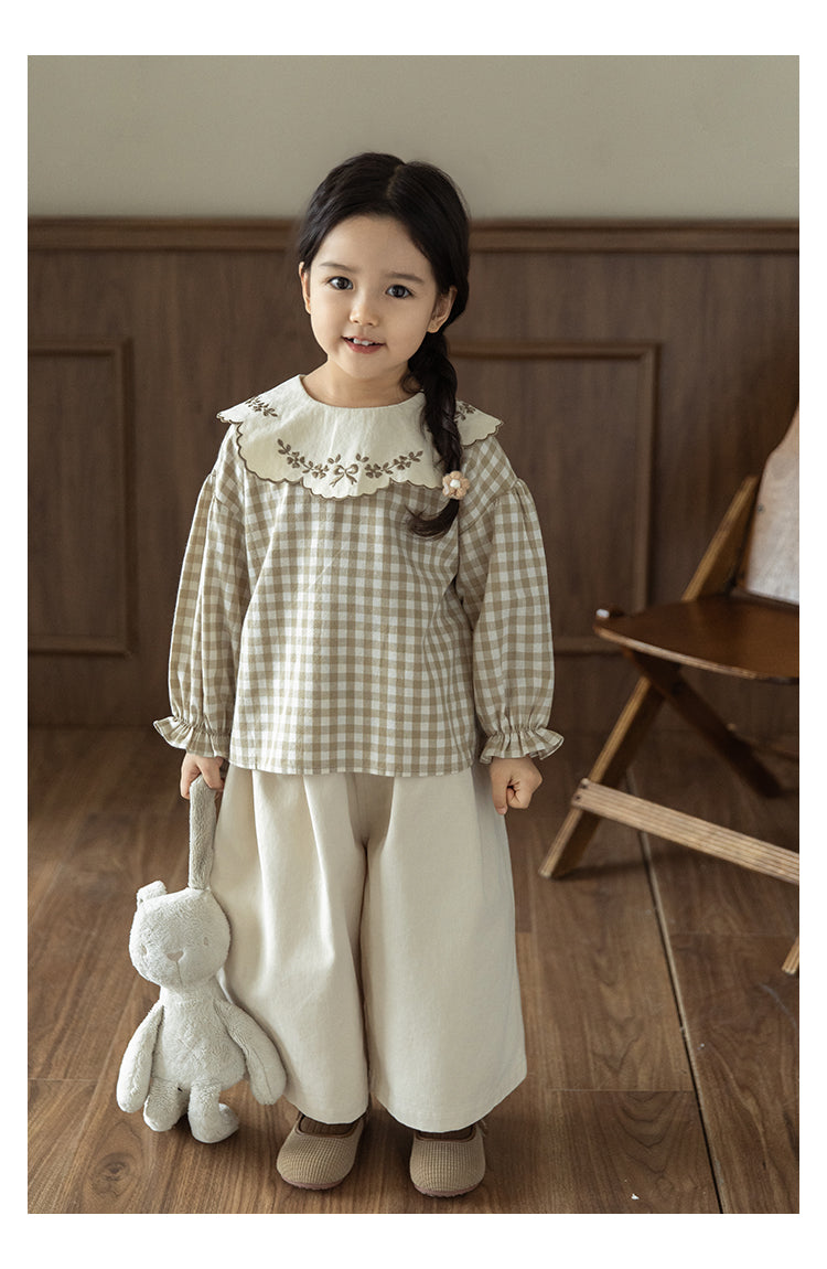 Girls Embroidered Collar Blouse, Beige Gingham