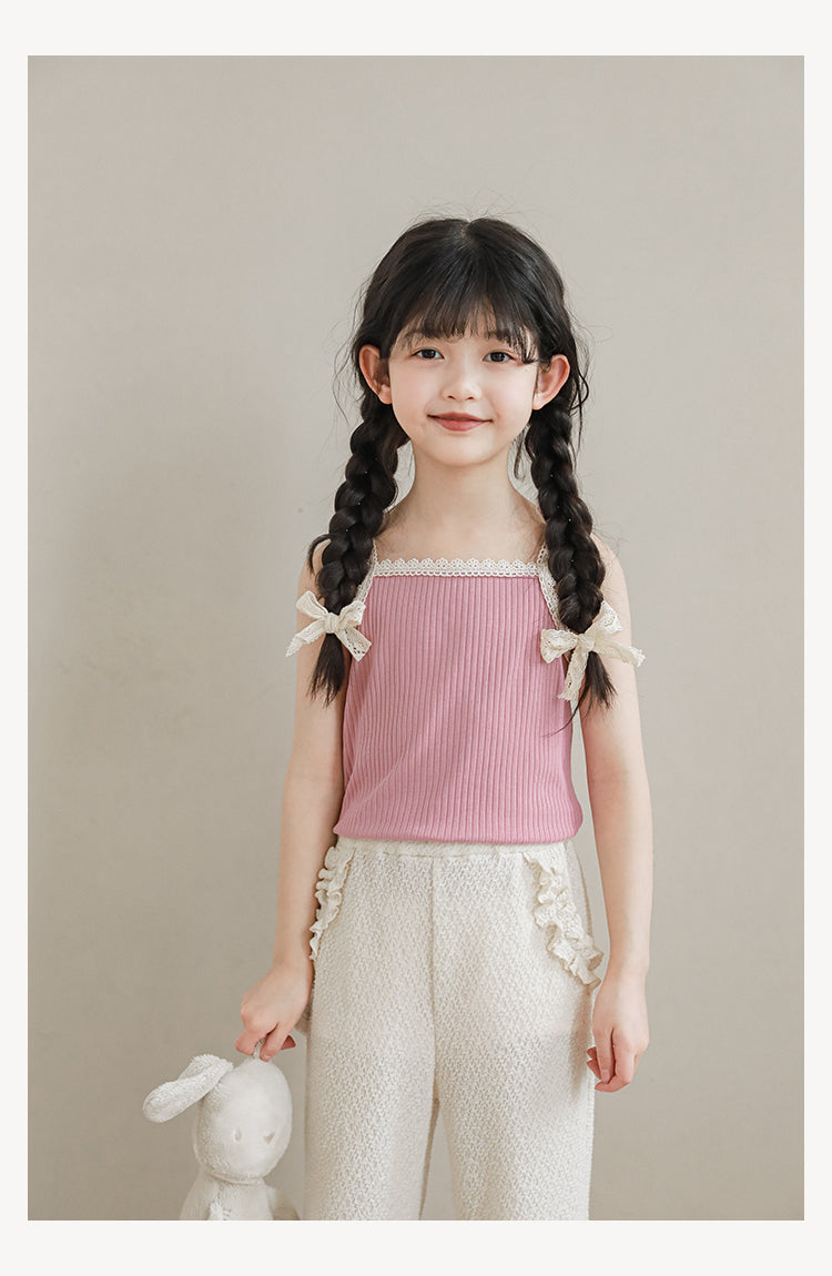 Girls Lace Trim Ribbed Strap Top, Pink