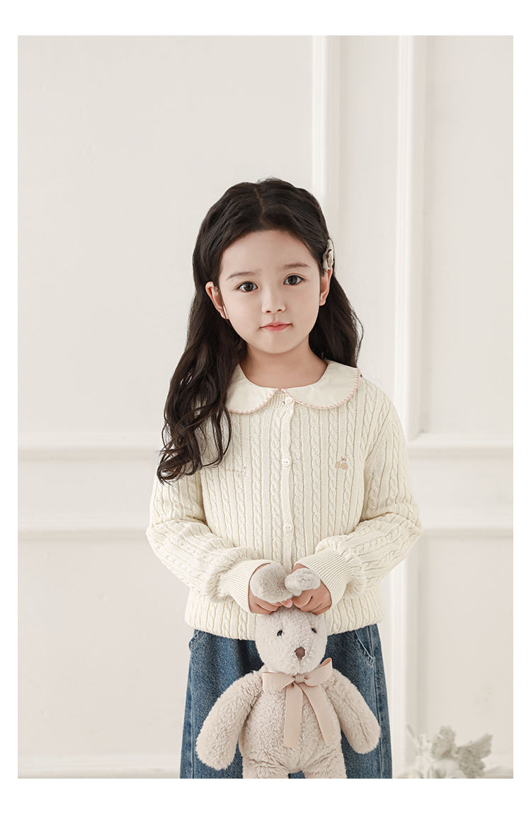 Girls Embroidered Cable Knit Cardigan, Ivory