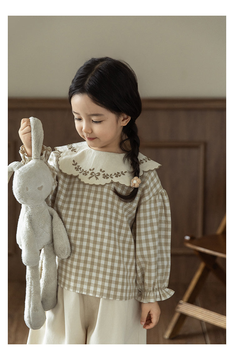 Girls Embroidered Collar Blouse, Beige Gingham