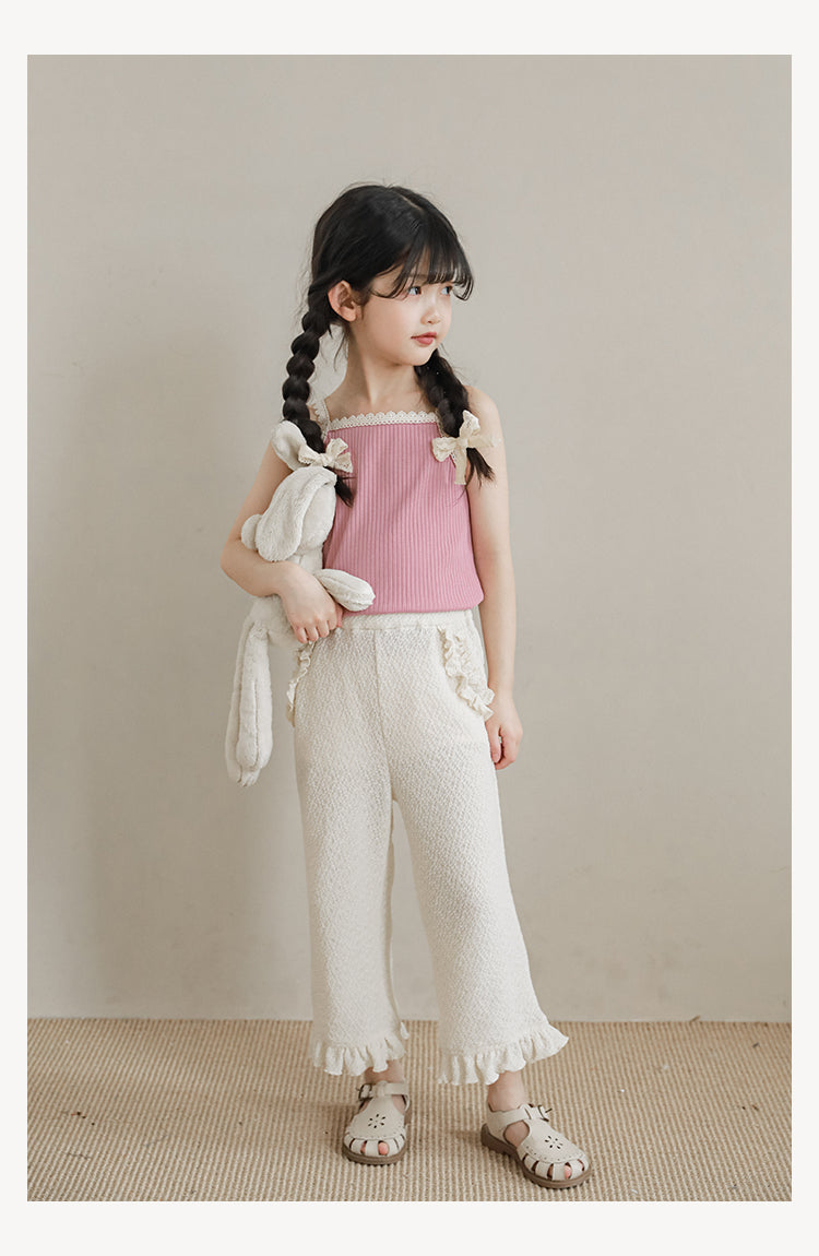 Girls Lace Trim Ribbed Strap Top, Pink