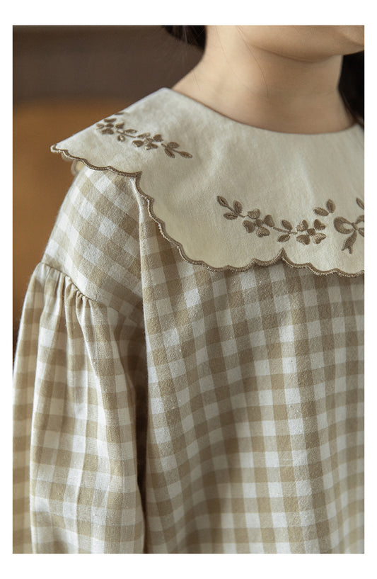 Girls Embroidered Collar Blouse, Beige Gingham