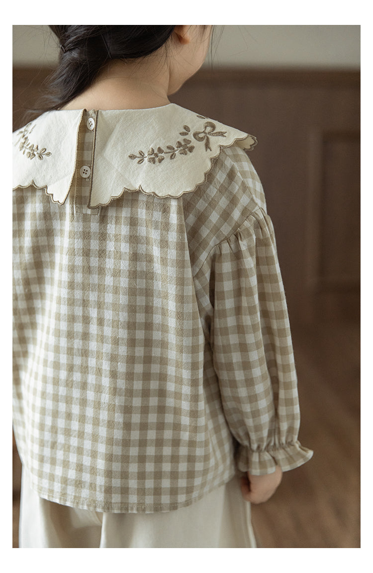 Girls Embroidered Collar Blouse, Beige Gingham