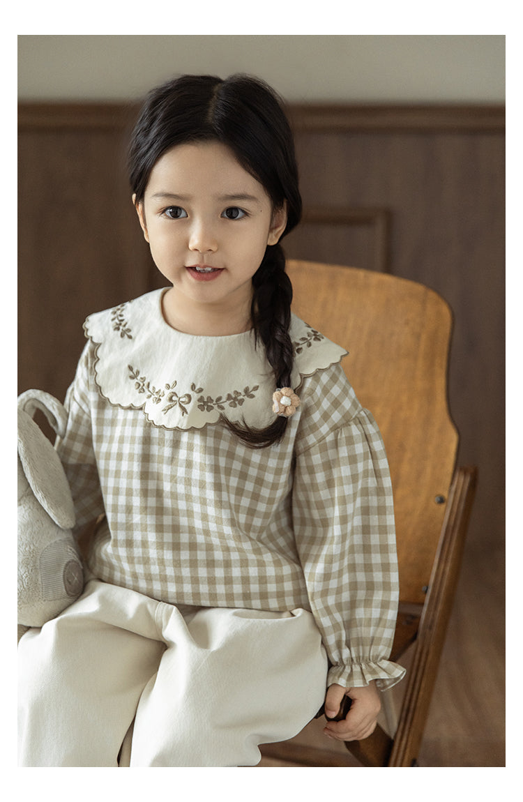 Girls Embroidered Collar Blouse, Beige Gingham