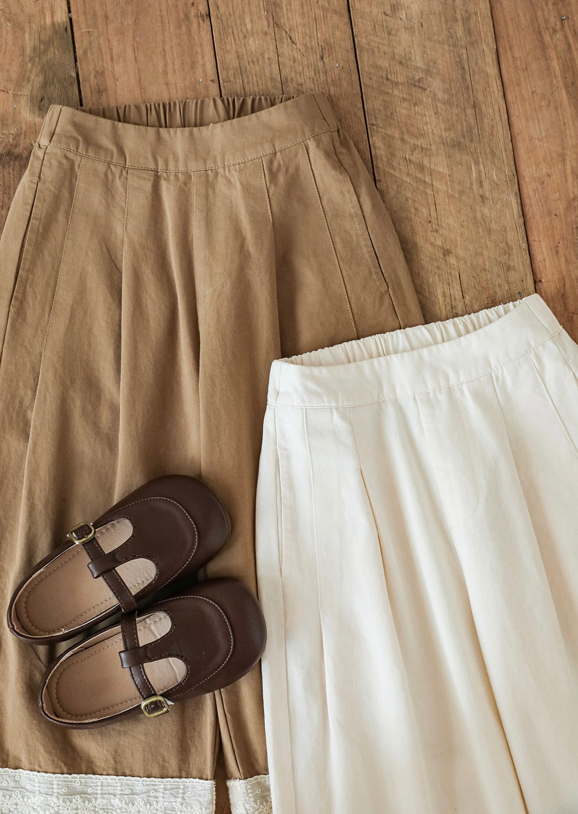 Girls Lace Embroidered Pleated Trousers, Camel