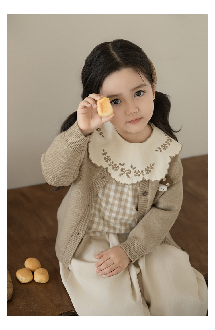 Girls Embroidered Collar Blouse, Beige Gingham