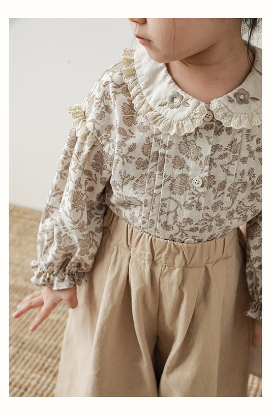 Girls Embroidered Collar Button-Front Blouse, Ivory Floral