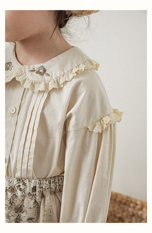 Girls Embroidered Collar Button-Front Blouse, Ivory