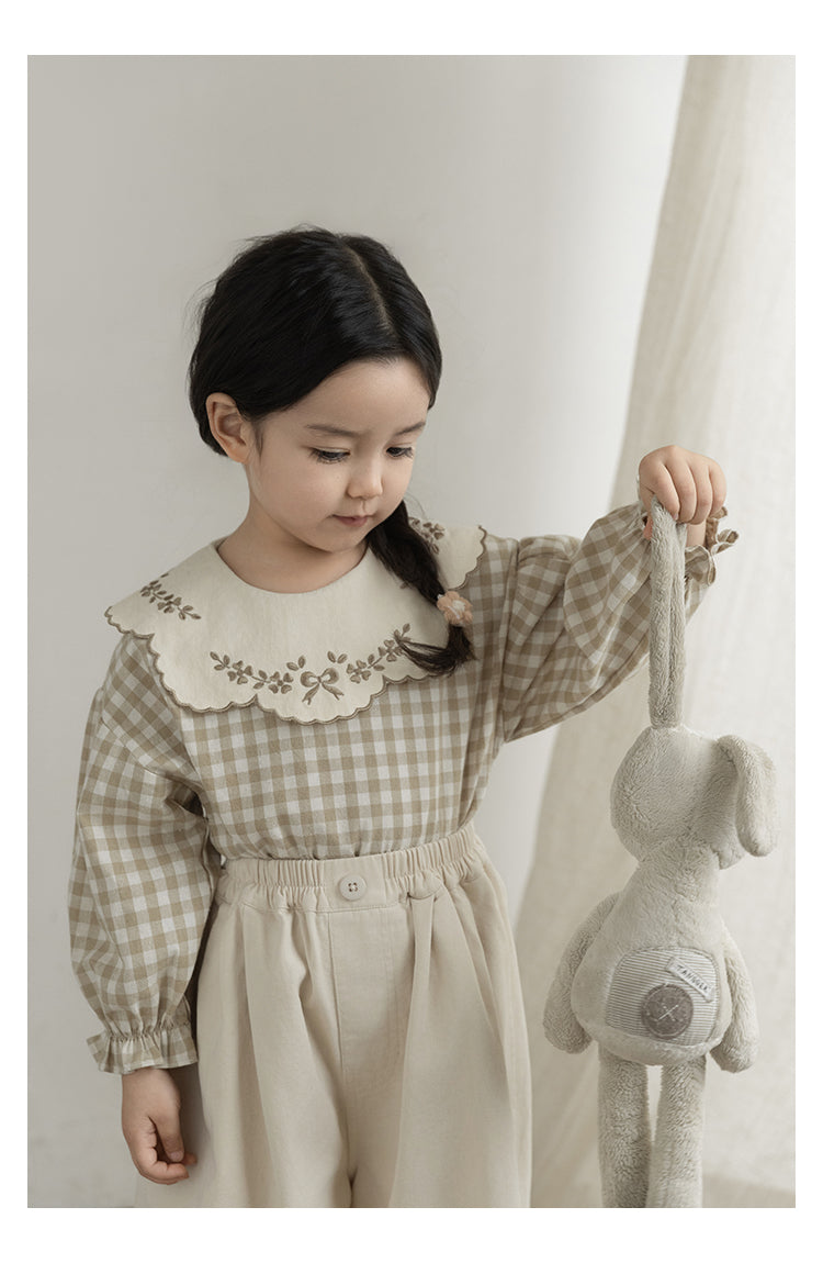Girls Embroidered Collar Blouse, Beige Gingham