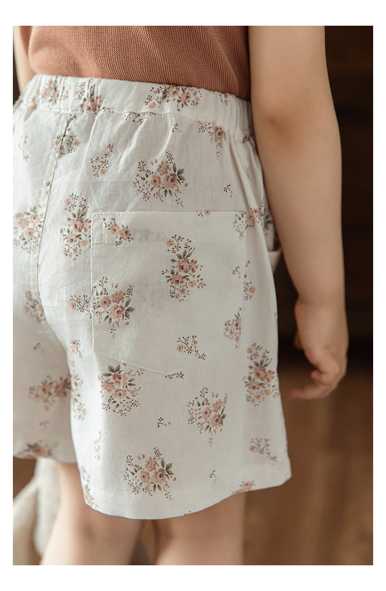 Girls LIghtweight White Cotton Shorts, Vintage Floral
