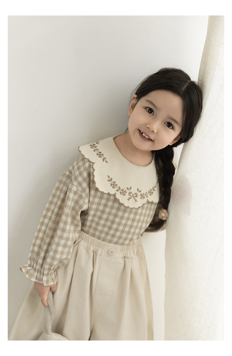 Girls Embroidered Collar Blouse, Beige Gingham
