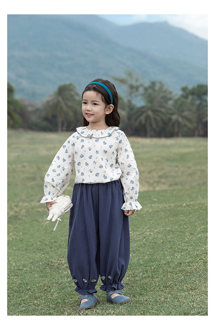 Girls Peter Pan Collar Blouse, Blue Floral