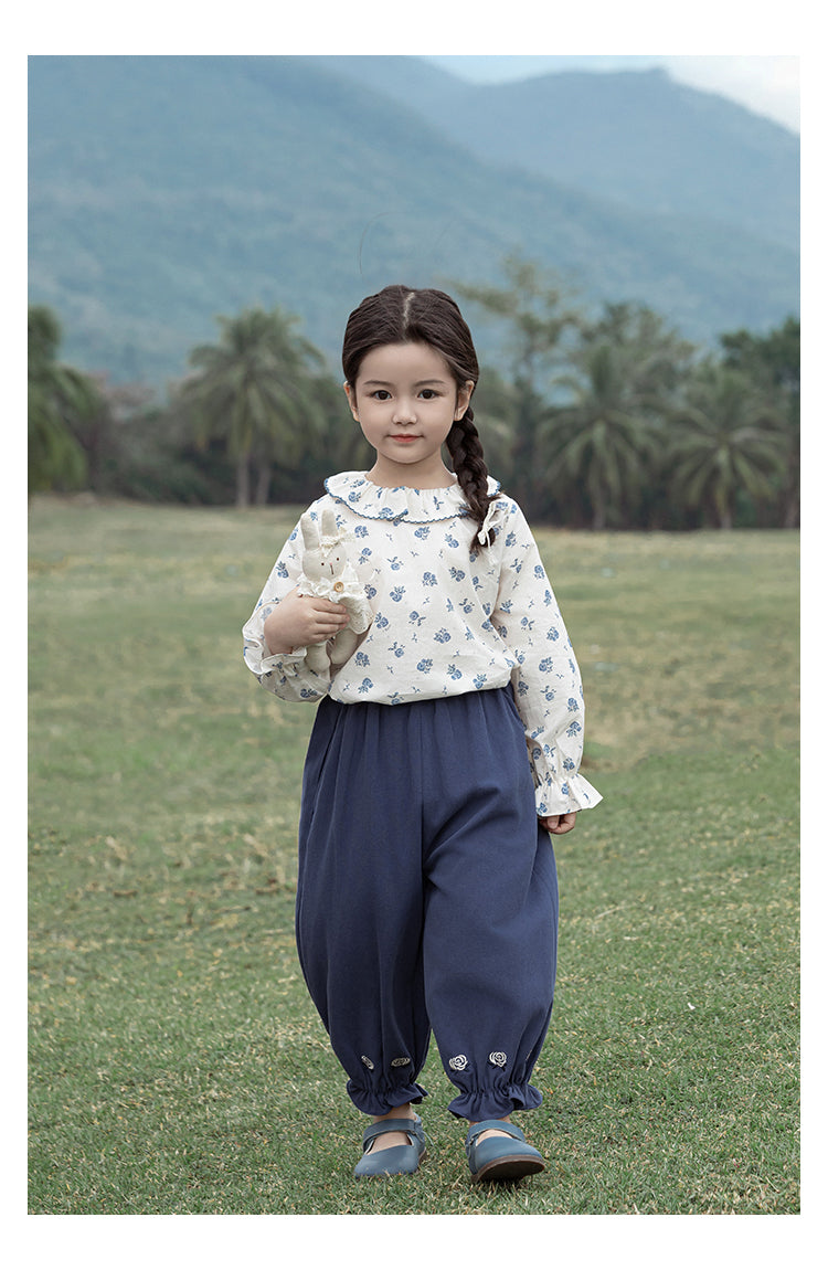 Girls Peter Pan Collar Blouse, Blue Floral