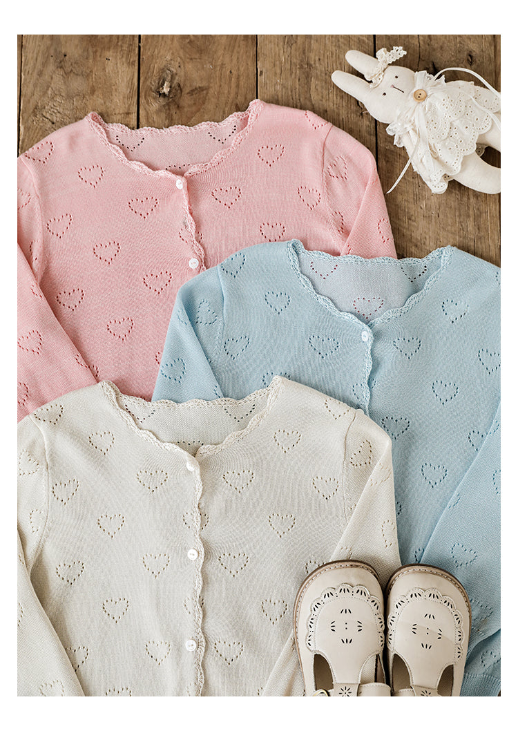 Girls lyocell heart pointelle knit cardigan for summer in 3 colours