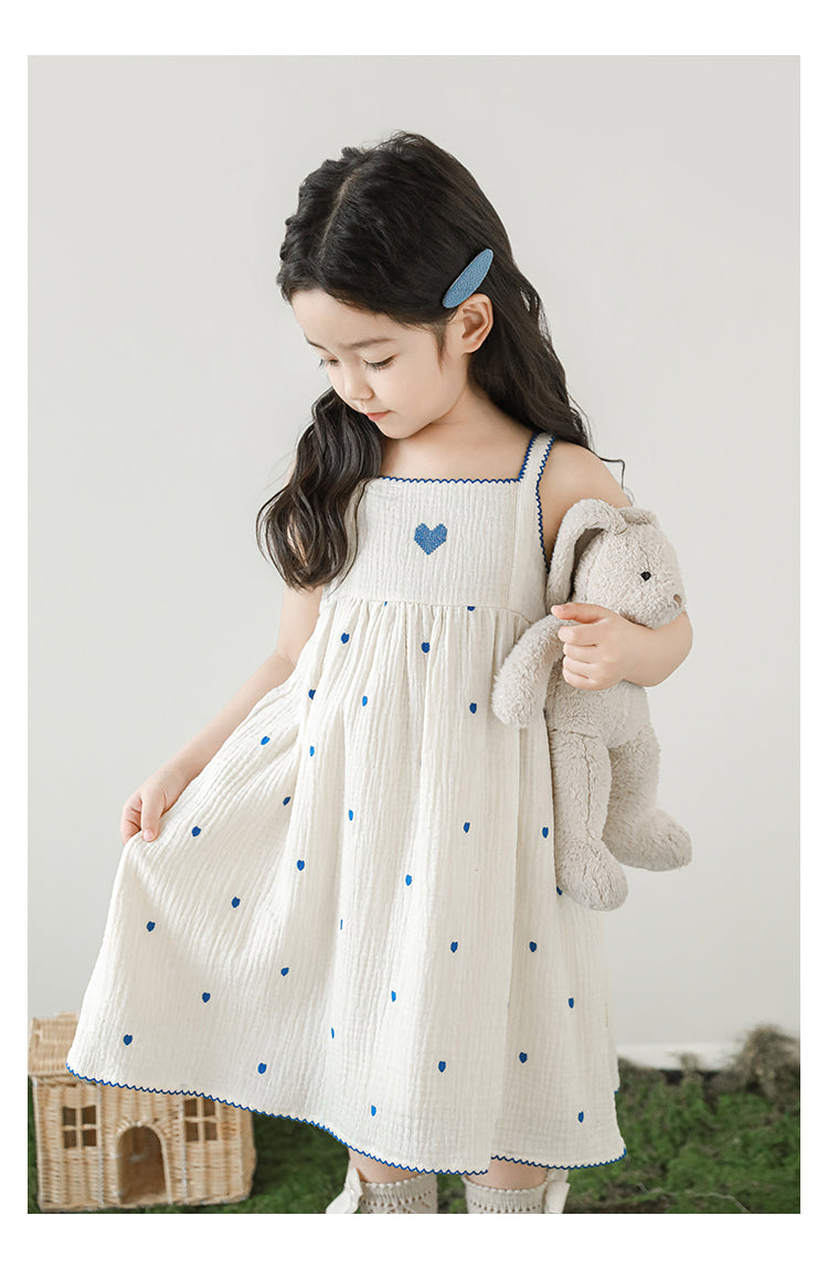 Baby Girl Muslin Strap Dress, Heart Embroidery