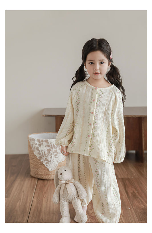 Girls Cotton Muslin Pyjama & Lounge Set, Striped Floral