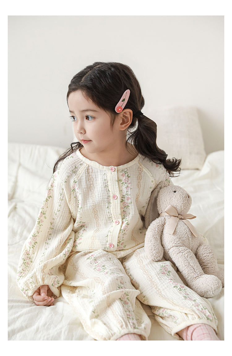 Girls Cotton Muslin Pyjama & Lounge Set, Striped Floral