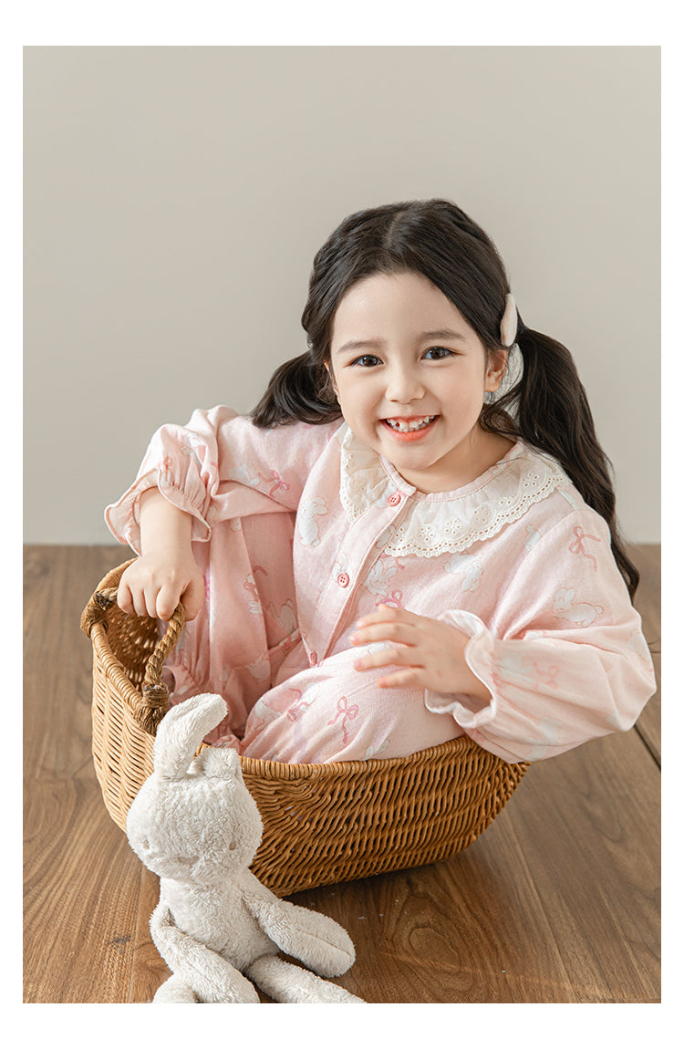 Girls Lace Collar Pyjama Set, Pink Bunny