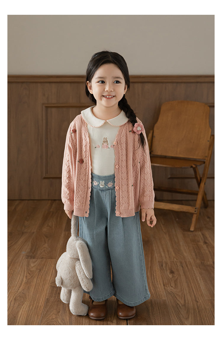 Baby Girl Floral Crochet Cable Knit Cardigan, Dusty Rose