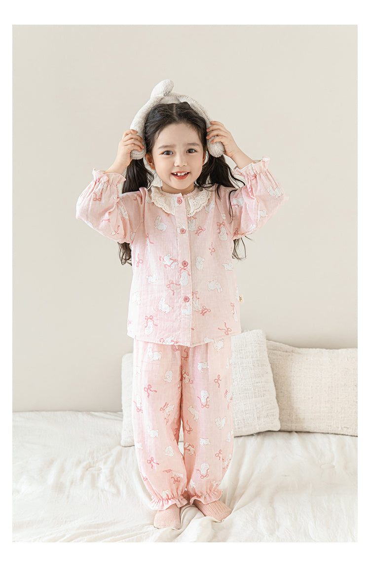 Girls Lace Collar Pyjama Set, Pink Bunny