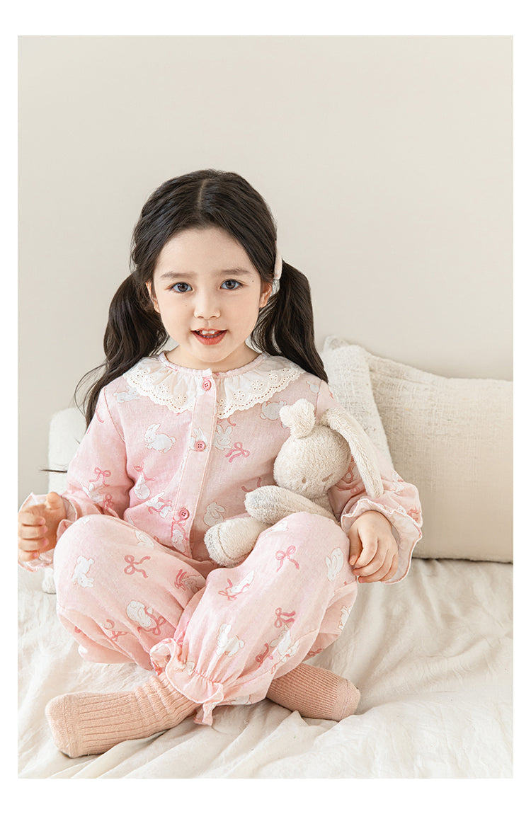 Girls Lace Collar Pyjama Set, Pink Bunny