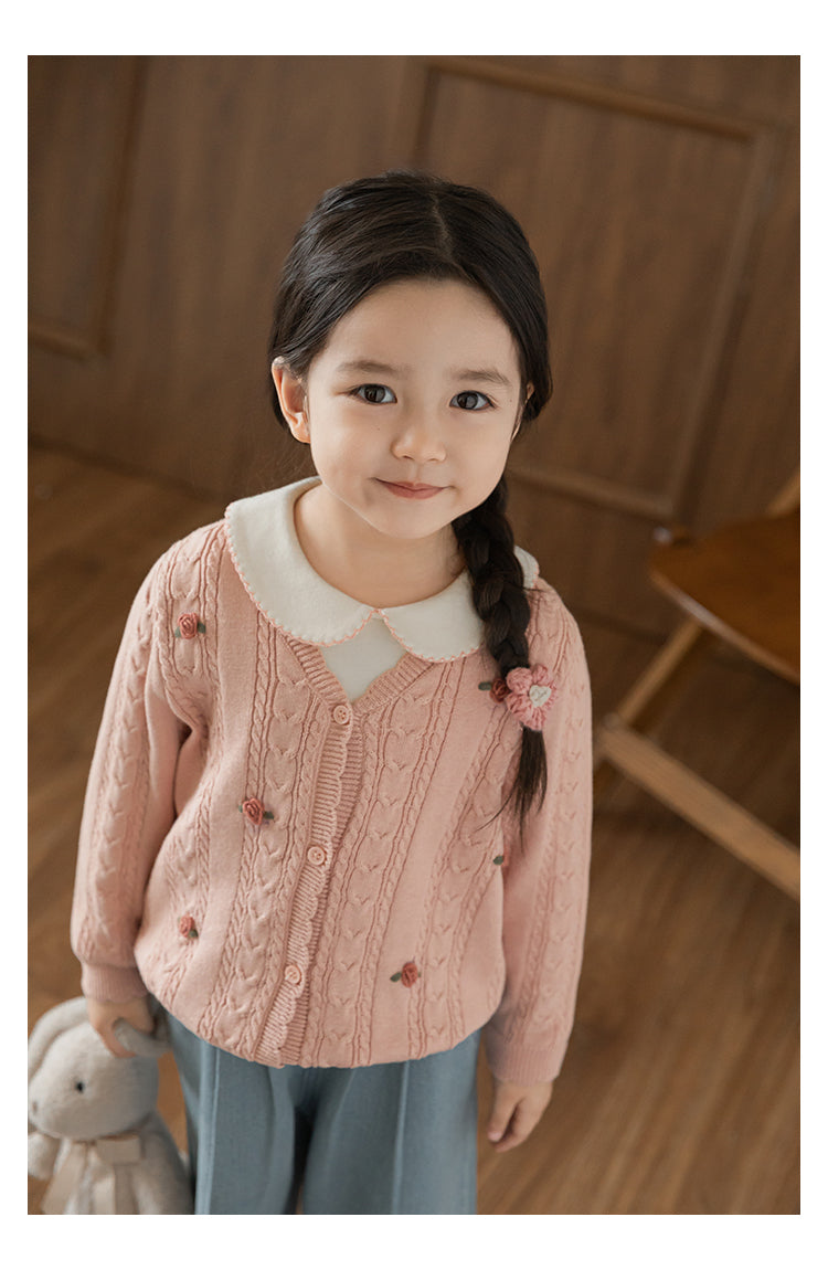 Baby Girl Floral Crochet Cable Knit Cardigan, Dusty Rose