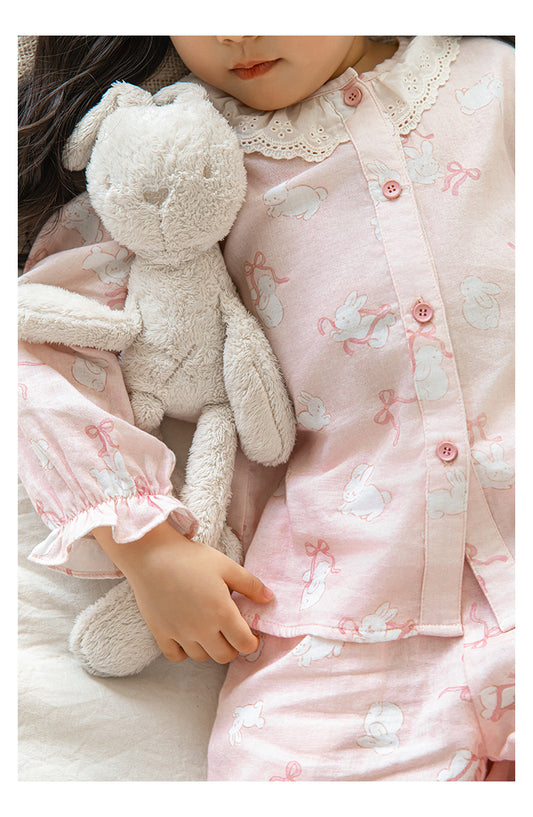 Girls Lace Collar Pyjama Set, Pink Bunny