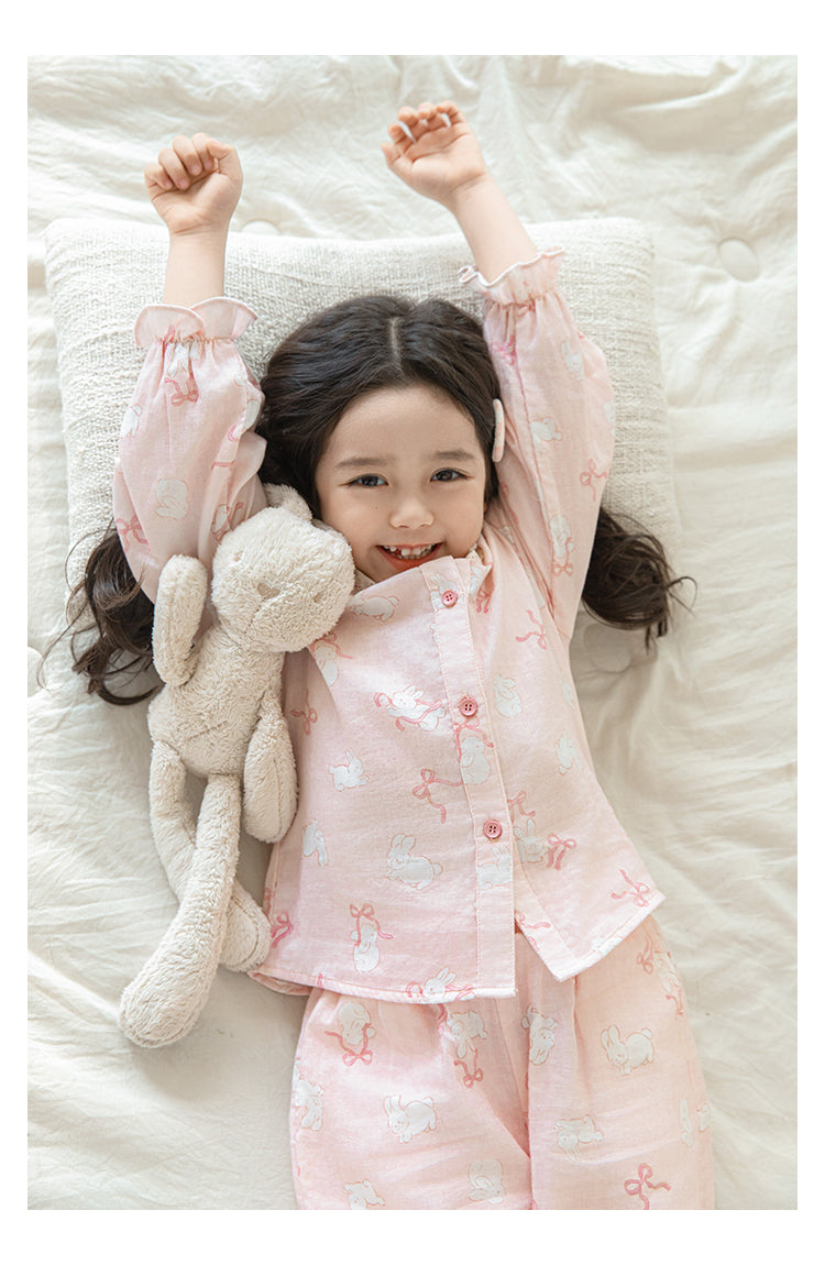 Girls Lace Collar Pyjama Set, Pink Bunny
