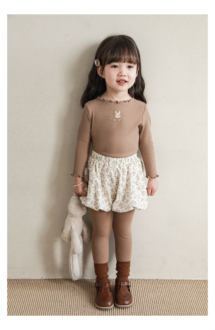 Baby Girl Bunny Embroidered Ribbed Top, Khaki Brown