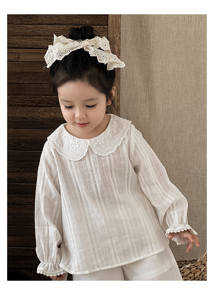 Girls Lace Blouse with Peter Pan Collar, White
