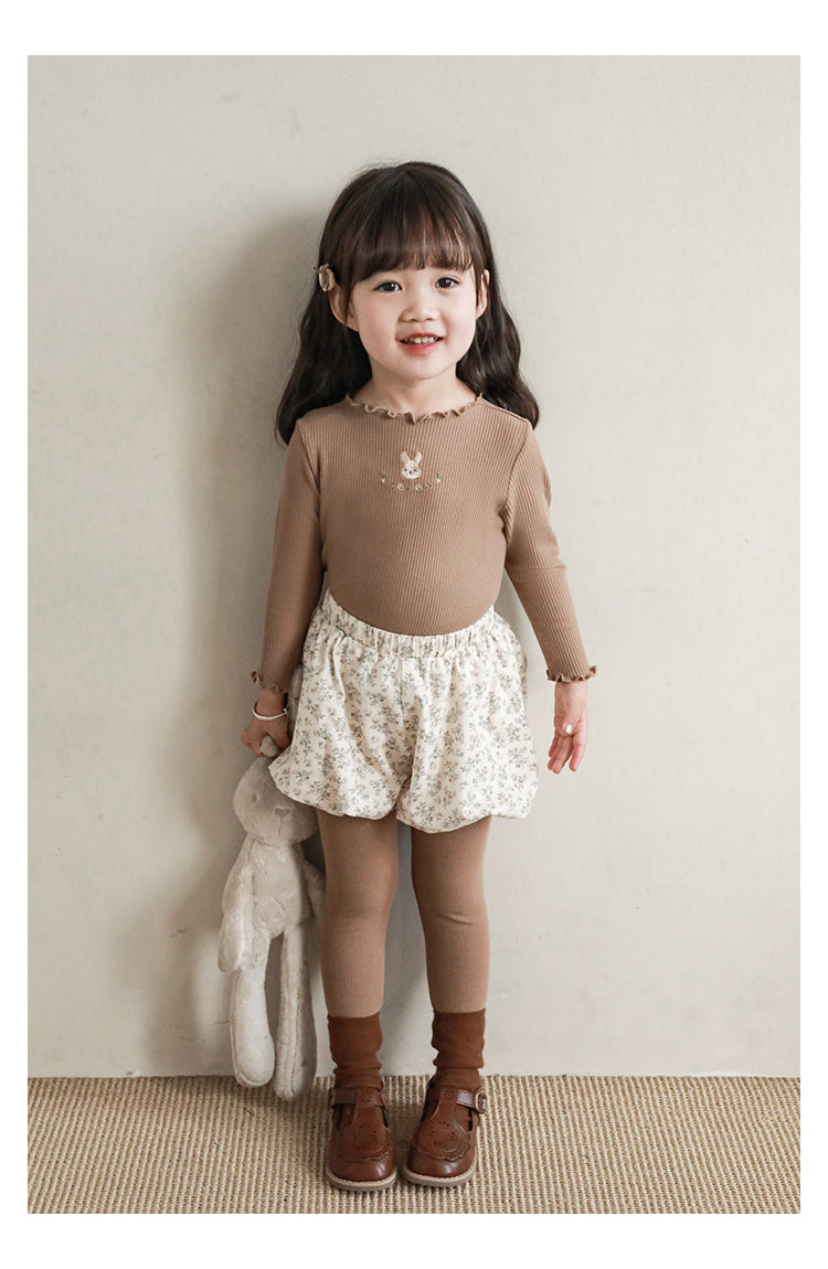 Baby Girl Bunny Embroidered Ribbed Top, Khaki Brown