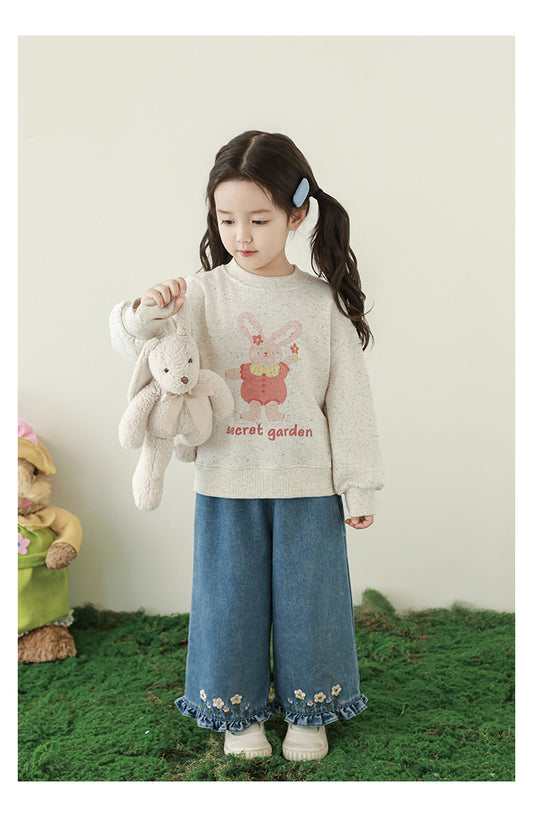 Girls Embroidered Ruffled Wide-Leg Jeans, Medium Blue