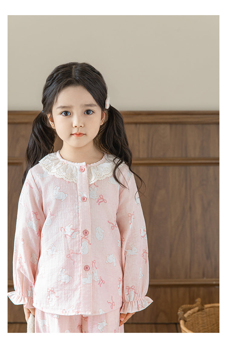 Girls Lace Collar Pyjama Set, Pink Bunny
