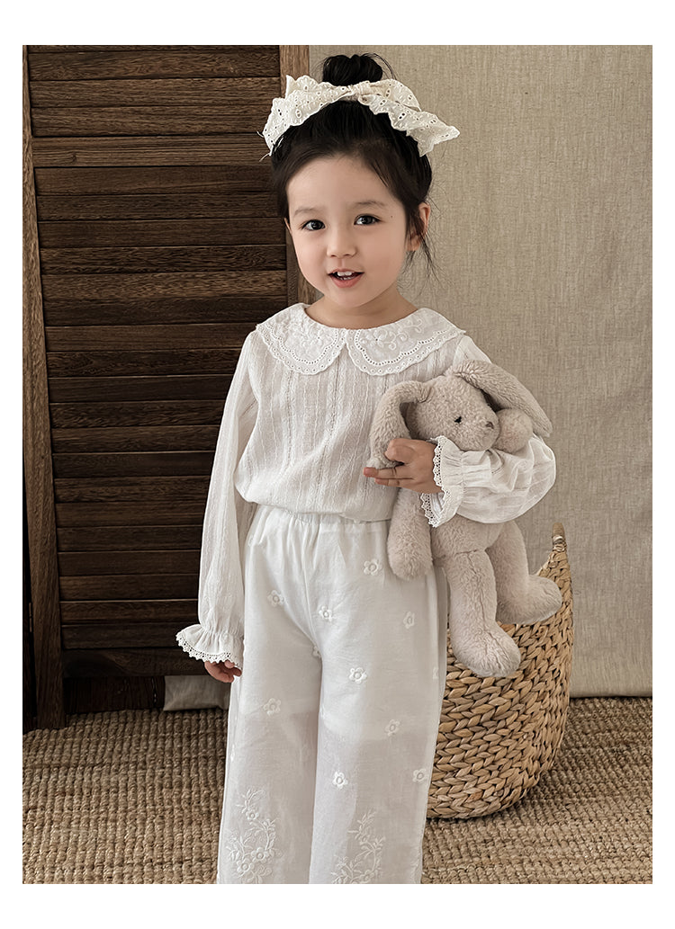 Girls Lace Blouse with Peter Pan Collar, White