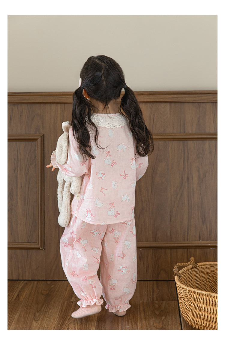 Girls Lace Collar Pyjama Set, Pink Bunny