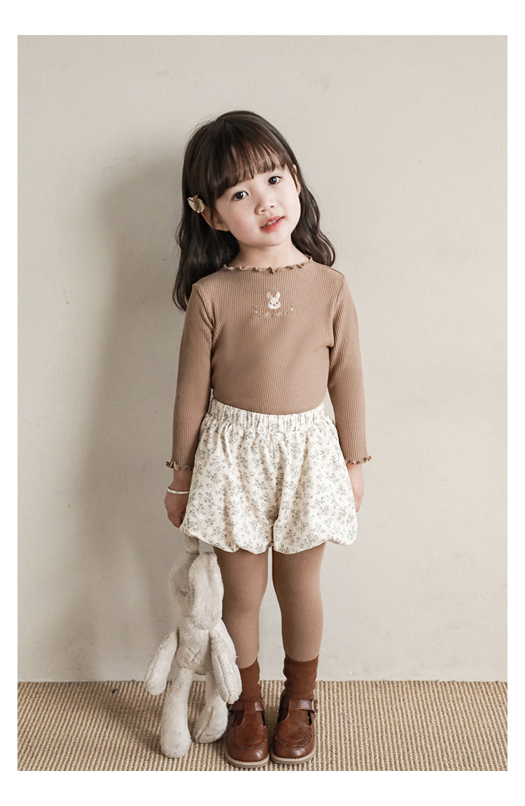 Baby Girl Bunny Embroidered Ribbed Top, Khaki Brown