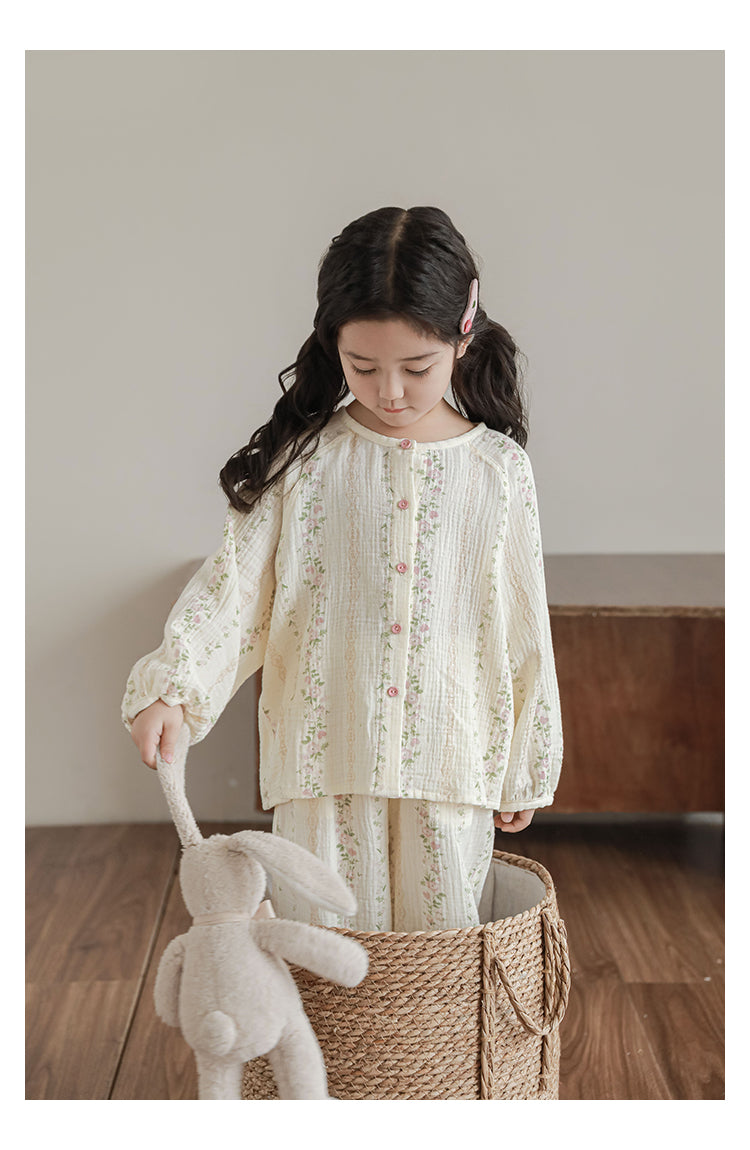 Girls Cotton Muslin Pyjama & Lounge Set, Striped Floral
