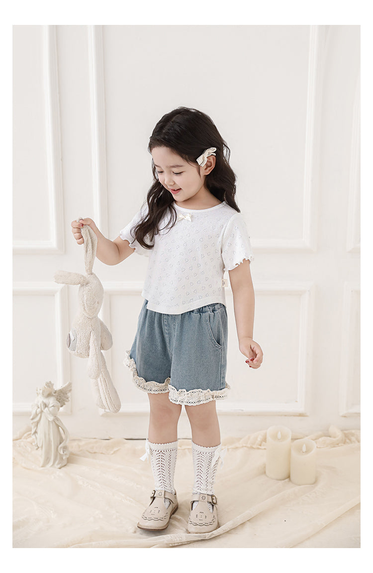 Girls Denim Shorts with Lace Trim, Light Blue