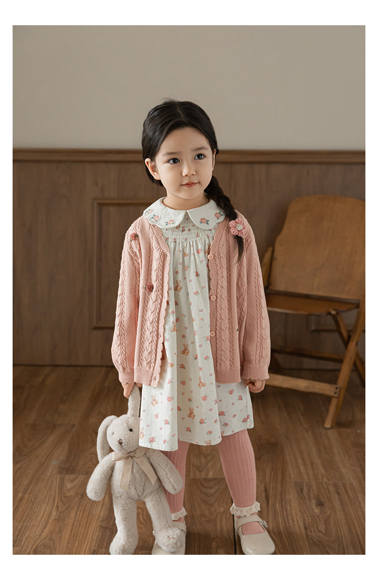 Baby Girl Floral Crochet Cable Knit Cardigan, Dusty Rose