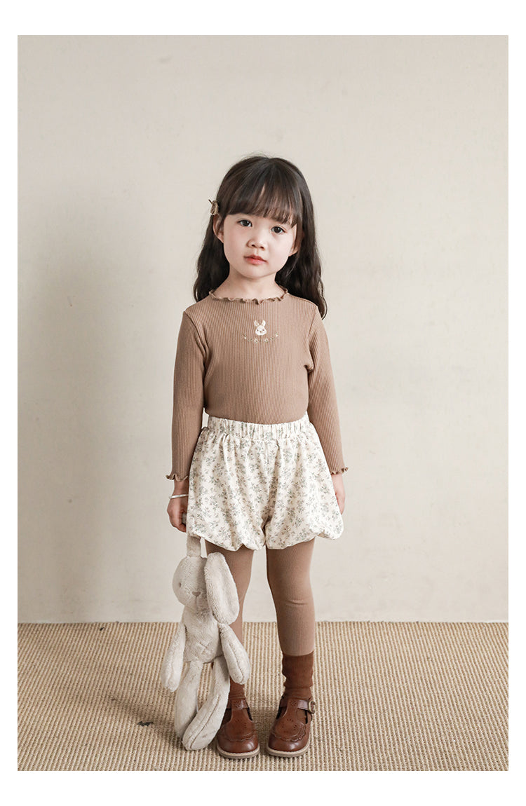 Baby Girl Bunny Embroidered Ribbed Top, Khaki Brown