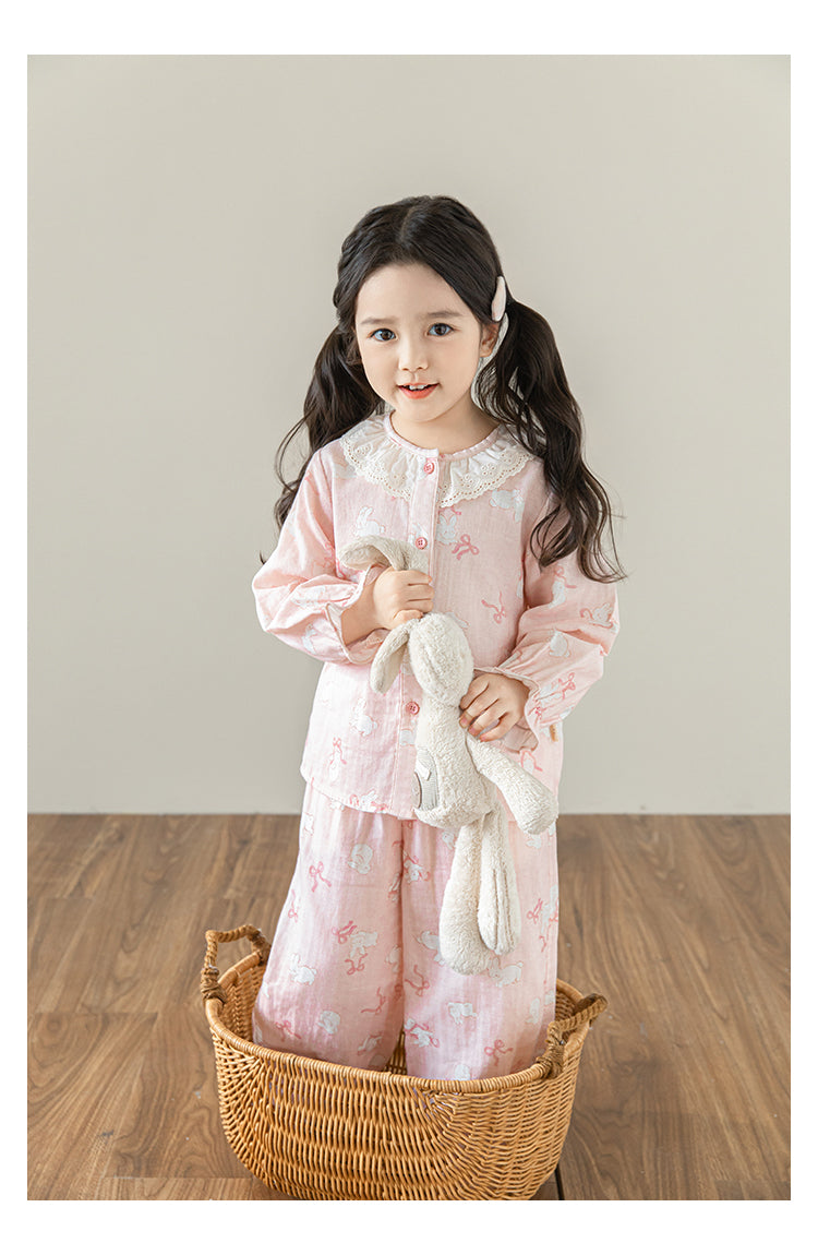 Girls Lace Collar Pyjama Set, Pink Bunny